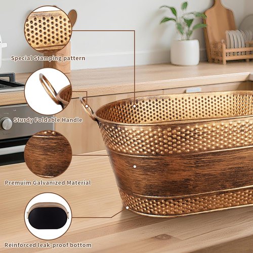 4 Gallon Galvanized Beverage Tub, 2 Pcs Heavy-Duty Copper Ice Buckets Large Galvanized Drink Buckets Oval Metal Beverage Ice Tub with Handles for Catering Bars Parties