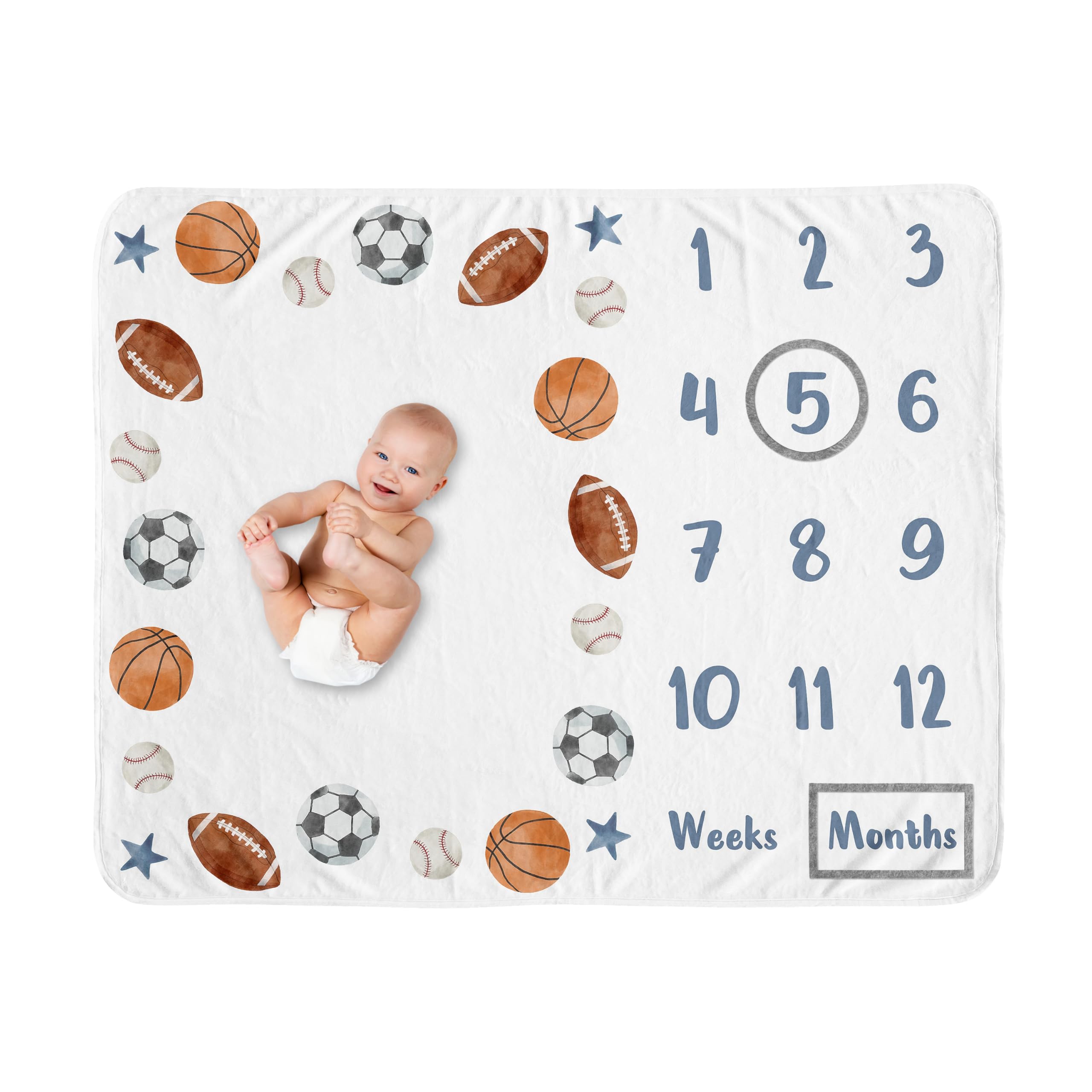 Sweet Jojo Designs Sports Theme Boy Baby Milestone Blanket Newborn Monthly First Year Photo Growth Chart Infant Memory Gift Set Watercolor Vintage Soccer Balls Football Baseball Basketball Blue Stars