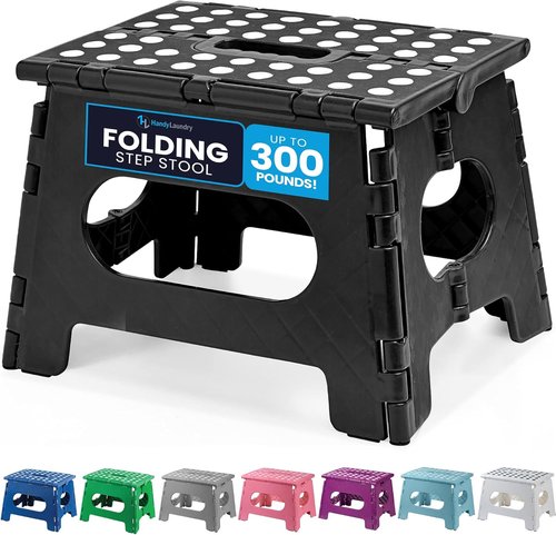 Handy Laundry Folding Step Stool - Sturdy Collapsible Design for Adults & Kids - Easy One-Flip Operation | Black - 9 Inch