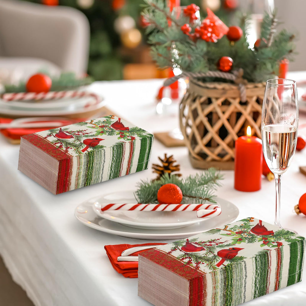 JarThenaAMCS 80Pcs Christmas Paper Guest Napkins Vintage Cardinal Bird Berry Bathroom Napkins Xmas Winter Disposable Guest Hand Towel Napkin for Home Party Supplies