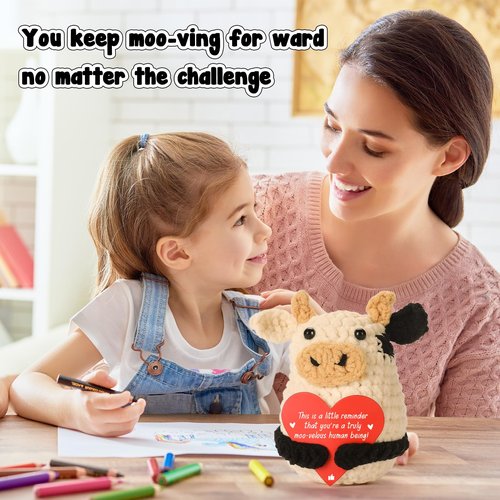 YUEYUQIU Mini Funny Inspirational Positive Crochet Cow Gifts - Thank You Appreciation Gift for Women Men Coworker Friends Teens Girl Teacher Mom - Handmade Small Cow Present for Christmas Birthday