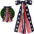 Large Patriotic Star Ribbon Bow - Red White Buffalo Plaid Fabric Ribbons Set for 4th of July Decor