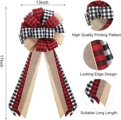 Buffalo Plaid Christmas Tree Topper by [Brand Name] - Handmade Red & Black Burlap Bow | 13 x 29 Inch Holiday Decoration