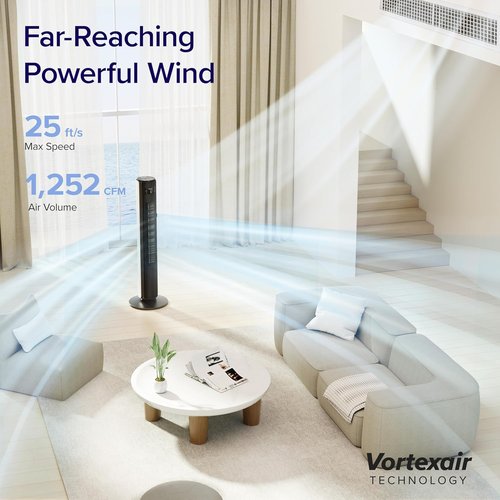 LEVOIT Classic 42-Inch Tower Fan - 1252 CFM Powerful Cooling, 25dB Quiet Operation, 12-Hour Timer, Remote Control