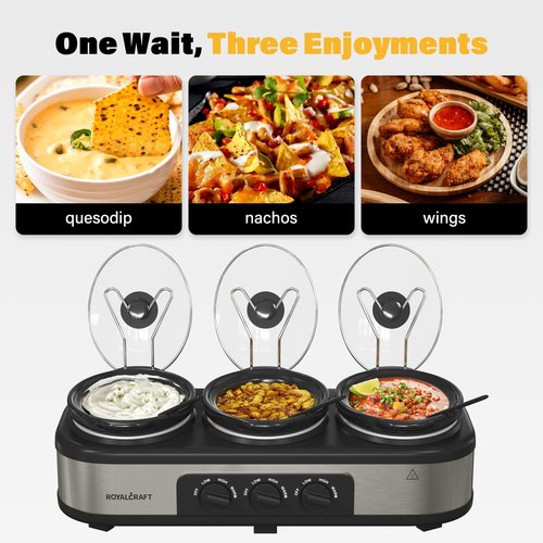 SUNVIVIPRO Triple Slow Cooker Buffet Server with 10 Cooking Liners, Adjustable Temperature Settings, Dishwasher Safe, for Parties, Holidays and Entertaining, 3 * 1.5 Quarts Silver