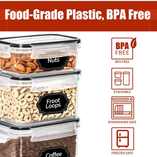 PRAKI 30 Pack Airtight Food Storage Containers for Kitchen Pantry Organizers and Storage, Plastic Kitchen Storage Canisters with Lids,Cereal, Flour & Sugar Containers - Labels, 6 Spoon & Marker