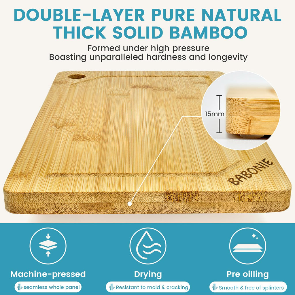 Babonie Bamboo Cutting Board Set of 2PC Large Bamboo Cutting Boards for Kitchen with Wooden Organizer, 1PC Stainless Chopping board for Meat, Vegetables and Fruits Ideas Kitchen Gift