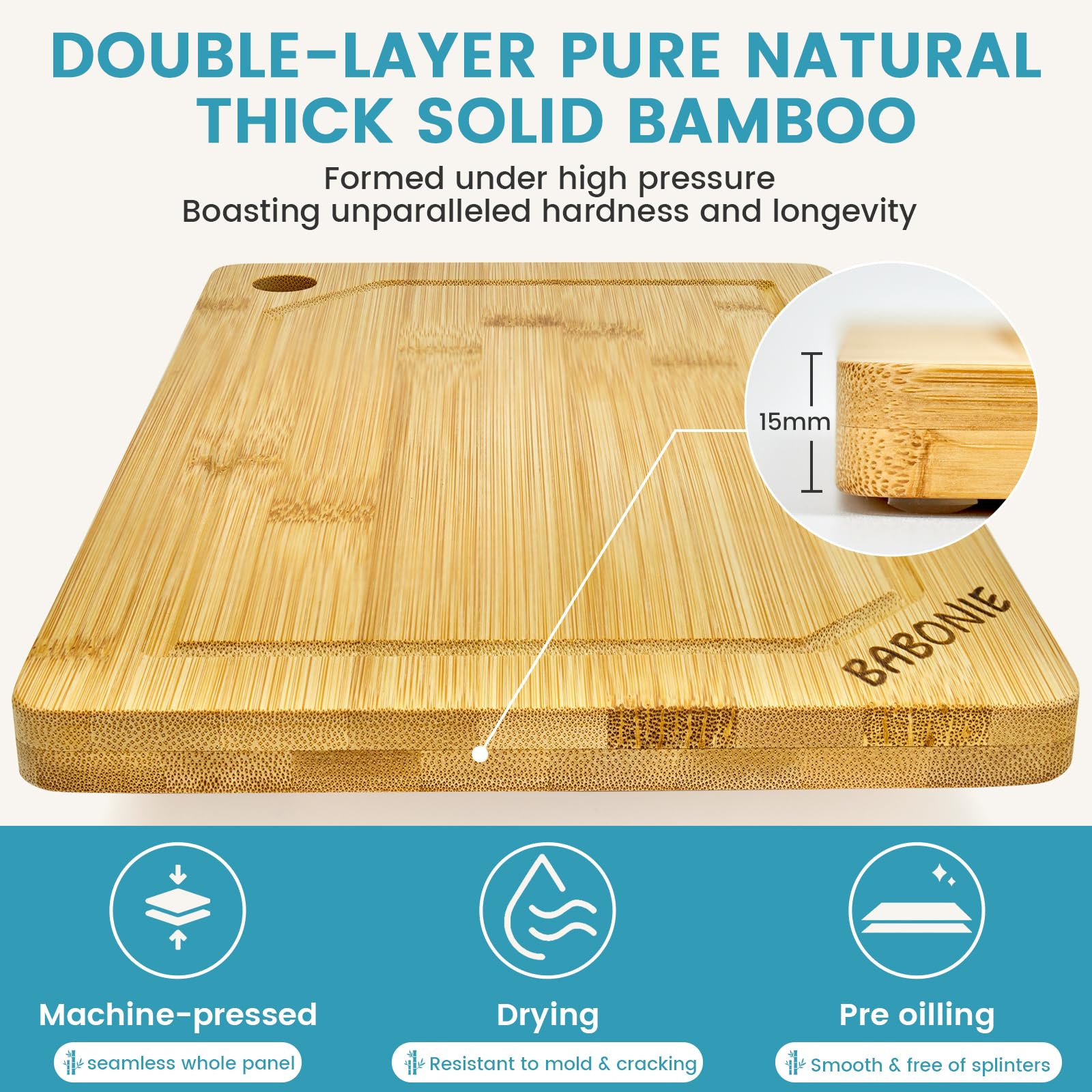 Babonie Bamboo Cutting Board Set of 2PC Large Bamboo Cutting Boards for Kitchen with Wooden Organizer, 1PC Stainless Chopping board for Meat, Vegetables and Fruits Ideas Kitchen Gift