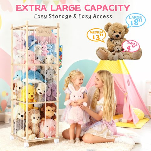 DUOQNY Stuffed Animal Storage, 54-Inch Wooden Large Toy Storage Organizer with Bag & A Cloth Underneath - Holds Plush Toys, Small Objects for Kids Bedroom, Nursery, Playroom - Gift for Children