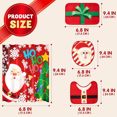 JOYIN 4 Pcs Christmas Bathroom Set with Shower Curtain, Bath Mat, Toilet Lid Cover, U Shape Rug & Hooks, Xmas Bathroom Decor Santa Claus Theme for Holiday Use Party Favors Indoor