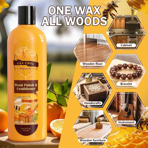 CCGeass Beeswax Wood Polish & Conditioner, Natural Beeswax Orange Oil Conditioner Cleaner for Wood Furniture, Floors, Restores Shine & Waterproofs, 16 Fl Oz