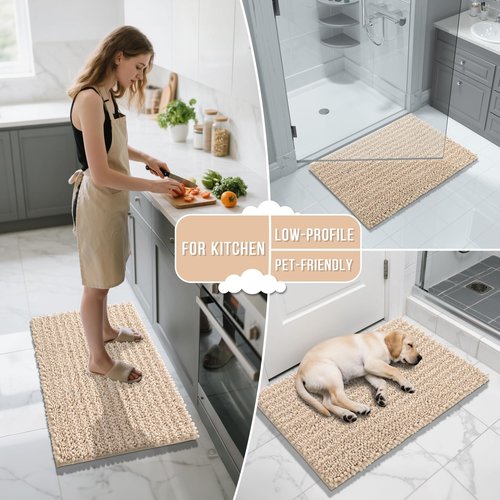 Yimobra Bathroom Rug Set 3 Piece - Super Absorbent Quick Dry Chenille Bath Mats & Toilet Rug, Non Slip Machine Washable, Extra Thick Shaggy Floor Mat for Shower Tub Sink, Light Brown