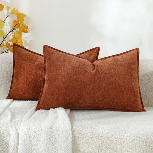 Stellhome Set of 2 Halloween Decorations Autumn Rust Pillow Covers Soft Textured Lumbar Chenille Accent Solid Cushion Cover for Couch Sofa Bedroom Living Room 12x20 Inch, Burnt Orange