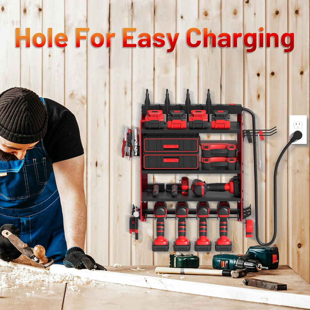Power Tool Organizer - Wall Mount Charging Station with 8 Outlet Power Strips | Heavy Duty 4-Layer Drill Storage Shelf
