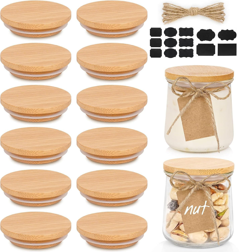 Oui Yogurt Lids Set - Bamboo & Wooden, Silicone Sealed, 12 Pack with Glass Storage Lids