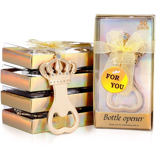 Cunhill 50 Pieces Gold Crown Bottle Opener Wedding Favors for Guests Bulk Crown Party Favor Baby Shower Birthday Souvenirs Decoration Bridal Shower Anniversary Supplies