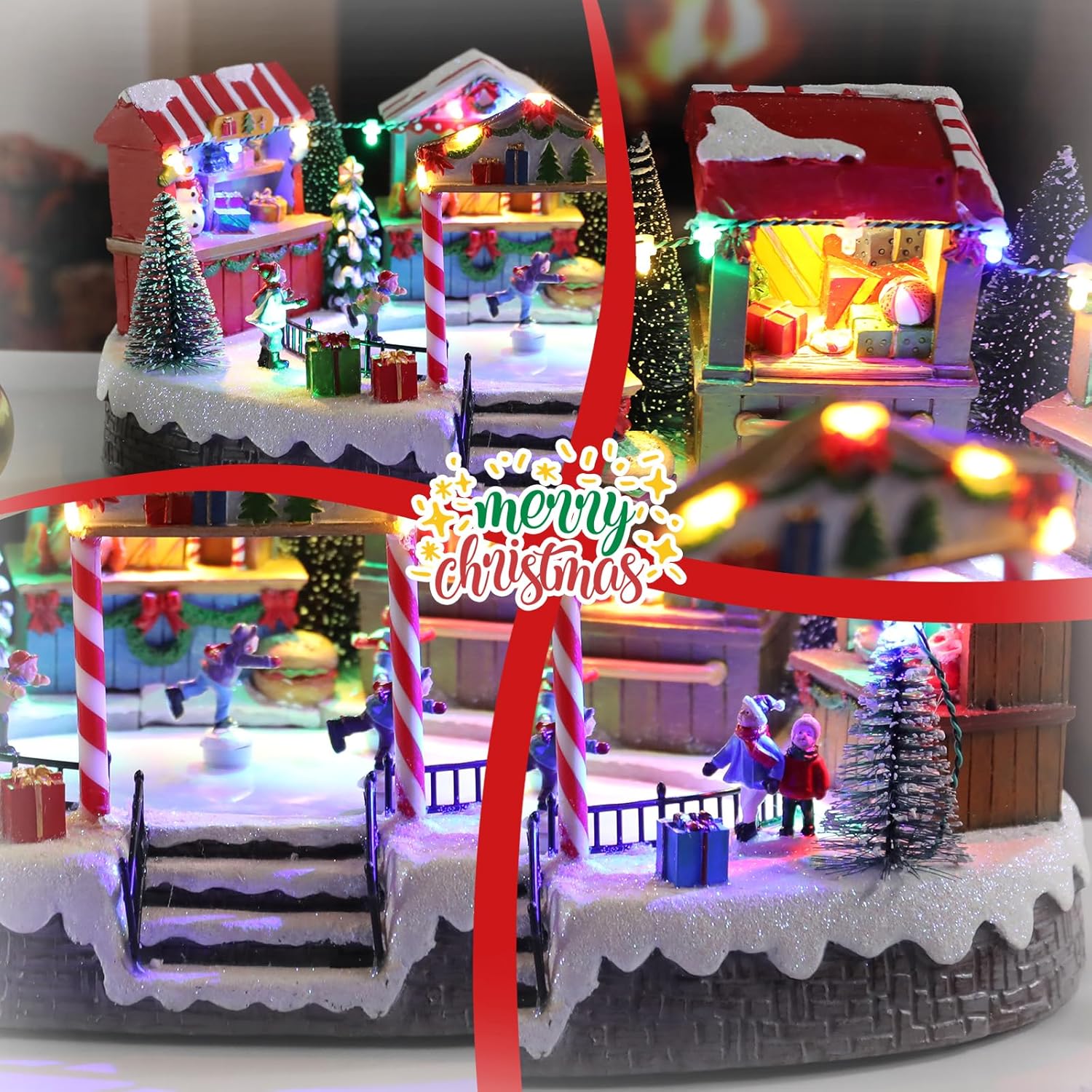 Bdor Christmas Market Village Scene - LED Lights & Music | 8.3 x 5.9 x 5.9 Inches Holiday Décor