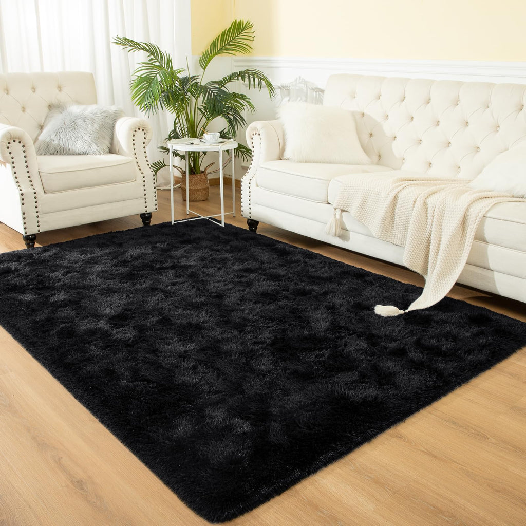 Softlife Area Rug for Living Room, Fluffy Shag Plush 5.3x7.6 Black Rugs for Bedroom Girls, Shaggy Soft Fuzzy Kids Large Carpet for Dorm Bedside Ultra Cozy Non-Slip Indoor Decor