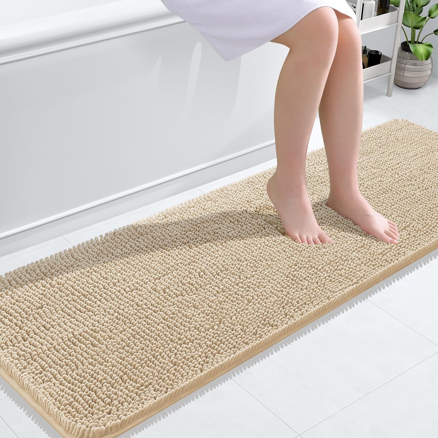 OLANLY Bathroom Rugs - Extra Soft Chenille Bath Mats with Rubber Backing | 59x20 Inches, Beige