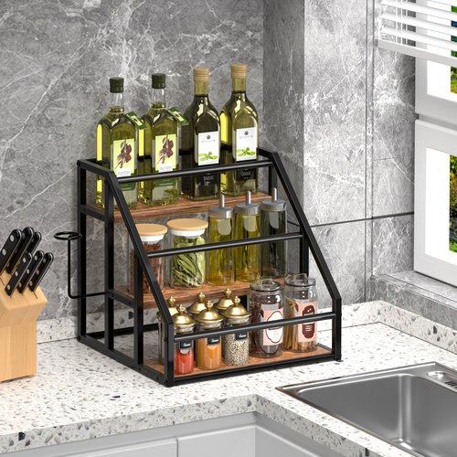 Homedawn Coffee Syrup Rack Organizer, Spice Racks, Syrup Bottle Holder Stand for Coffee Bar, 3-Tier 12 Bottles Storage Shelves for Syrup, Wine, Dressing for Kitchen Countertop, Rustic Brown & Black
