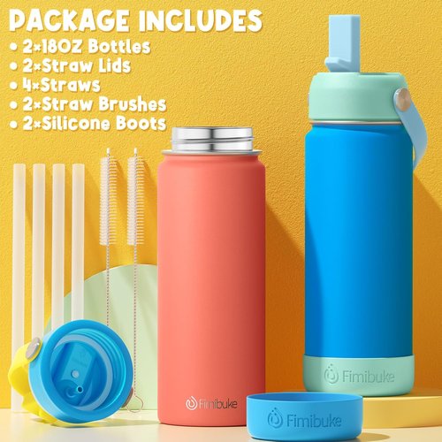 Fimibuke Kids Insulated Water Bottle - 18oz BPA-Free Double Wall Tumbler | Leak-Proof Design, 2 Pack in Midnight Rose