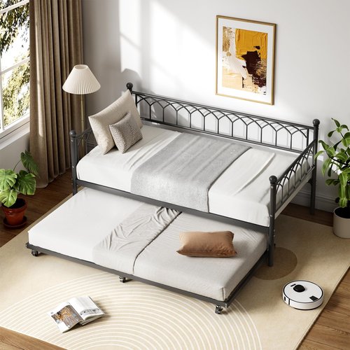 IDEALHOUSE Twin Size Metal Roll Out Trundle Bed Frame with Wheels and Slats Support, Black
