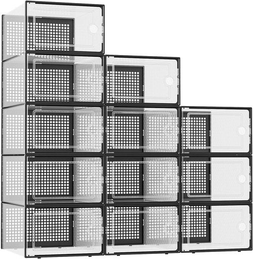 Kuject Shoe Storage Boxes - Clear Plastic Stackable Organizers | XX-Large 12 Pack for Closet & Under Bed - Black