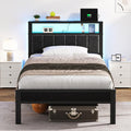 OLEVS Twin Bed Frame with LED Lights & USB Outlets, Platform Twin Bed with Storage Headboard, No Box Spring Needed, Easy Assembly