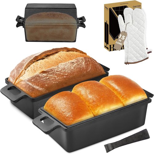 HONGBAKE Cast Iron Bread Pan - 2 in 1 with Lid & Lever | Pre-Seasoned Nonstick 9x5 Sourdough Baking Pan