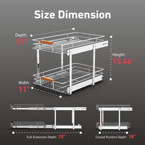 Mount Walker Pull Out Cabinet Organizer(11" W x 21" D), 2 Tier Wire Basket Slide Out Shelf Storage with Wood Handle, Pull Shelf Drawers for 12-1/4” Cabinet Opening, Chrome
