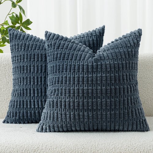 MIULEE Corduroy Throw Pillow Covers - Soft Boho Striped Design | 18x18 Inch Blue for Modern Farmhouse Decor