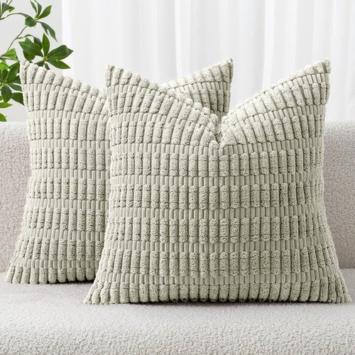 MIULEE Decorative Throw Pillow Covers - Pack of 2 Soft Boho Striped 20x20 Inch for Modern Farmhouse Decor | Light Green