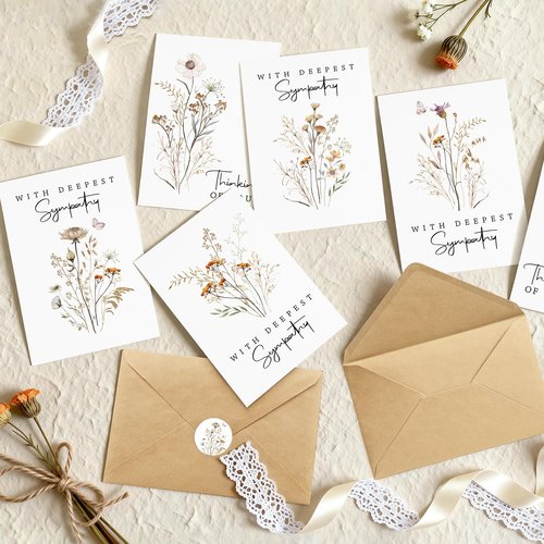 Cardkiss 24 Pcs Sympathy Cards with Envelopes, Bulk Condolence Cards with Thoughtful Messages with Envelopes and Stickers, 6 Unique Wildflowers Watercolor Designs