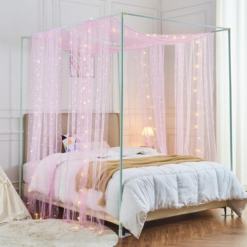WANFASO Pink Horse Canopy Bed Curtains with Lights, Princess Bed Canopy for Girls Kids Room Decor, Sheer House Twin Bed Canopy Curtains Scarf (2 Panel)