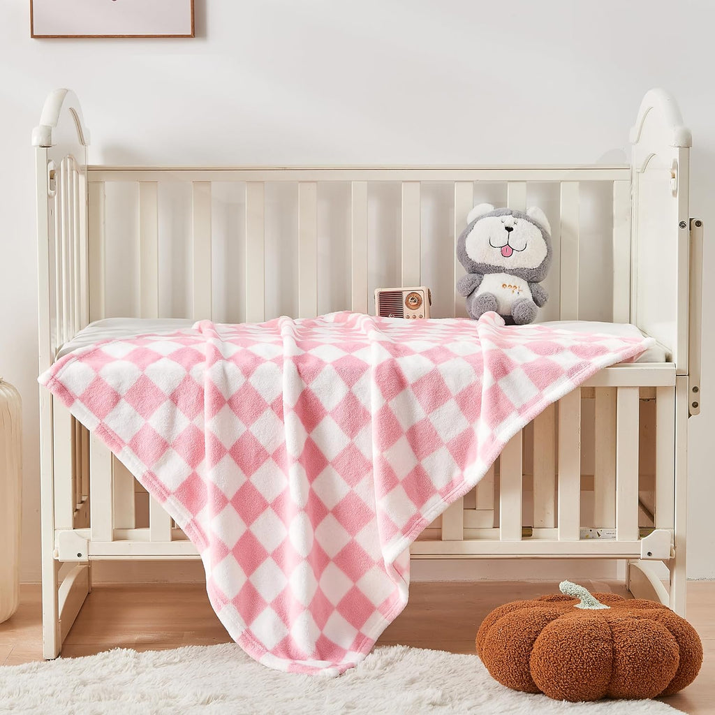 Yurhap Checkered Baby Blanket - Pink Fleece for Girls & Boys | Lightweight & Warm 30''x40''