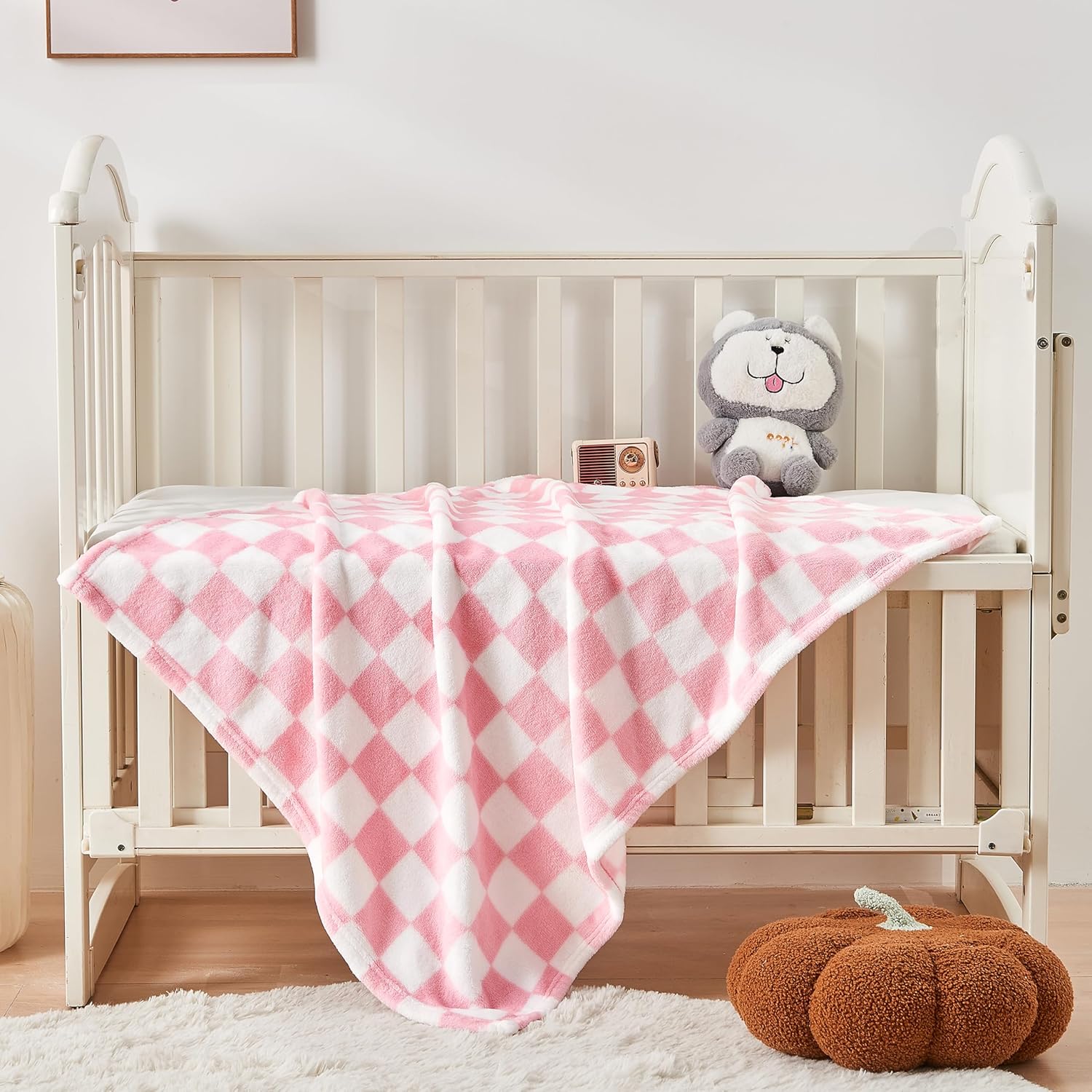 Yurhap Checkered Baby Blanket - Pink Fleece for Girls & Boys | Lightweight & Warm 30''x40''