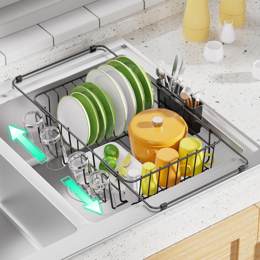 Simple Trending Expandable Dish Drying Rack in Sink, Adjustable Dish Drainers for Kitchen Counter, Inside Sink, Over The Sink with Utensil Holder, Black