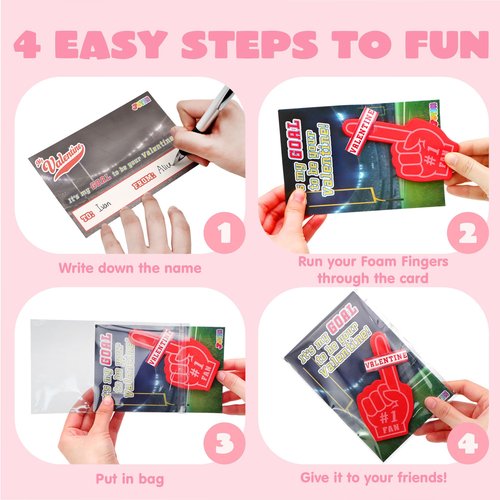 JOYIN 28 Pcs Valentines Day Foam Fingers with Cards for Kids, Valentine’s Greeting Cards, Classroom Exchange Gift for Kids, Holiday Reward Prizes and Party Favor