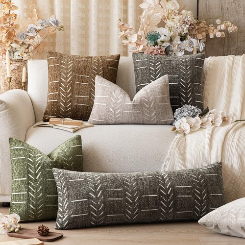 vivrudil Home Décor Decorative Boho Accent Chenille Throw Pillow Covers Textured Neutral Cushion Covers Soft Farmhouse Pillowcase for Couch Sofa Bed Living Room, 18×18 Inch, Set of 2, Olive Green