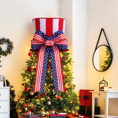 Soaoo 4th of July Tree Topper Large Patriotic Red White and Blue Hat with Striped Wreath Bow Patriotic Tree Decorations for Indoor Outdoor Independence Day Memorial Day Decor