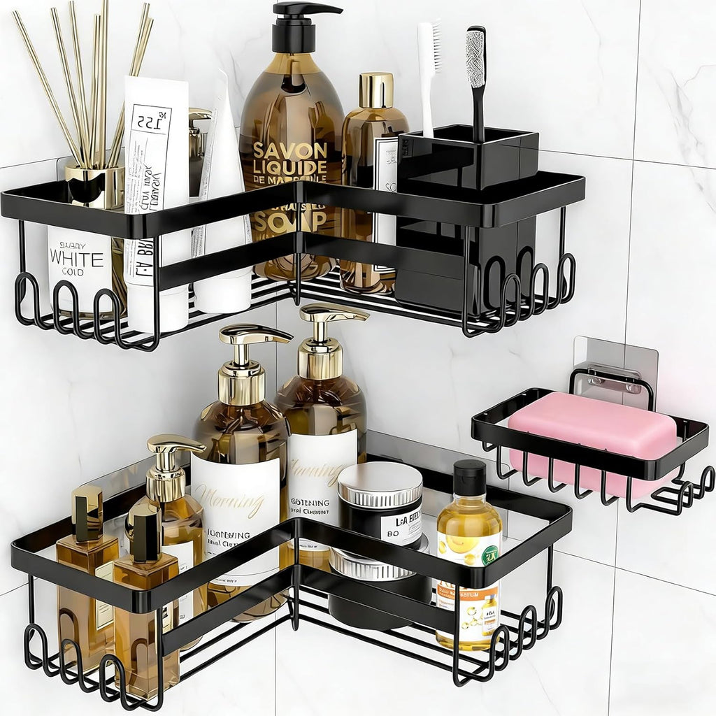 Skiennix Corner Shower Caddy - 3 Pack Rustproof Stainless Steel Organizers | No-Drill Bathroom Storage, Black