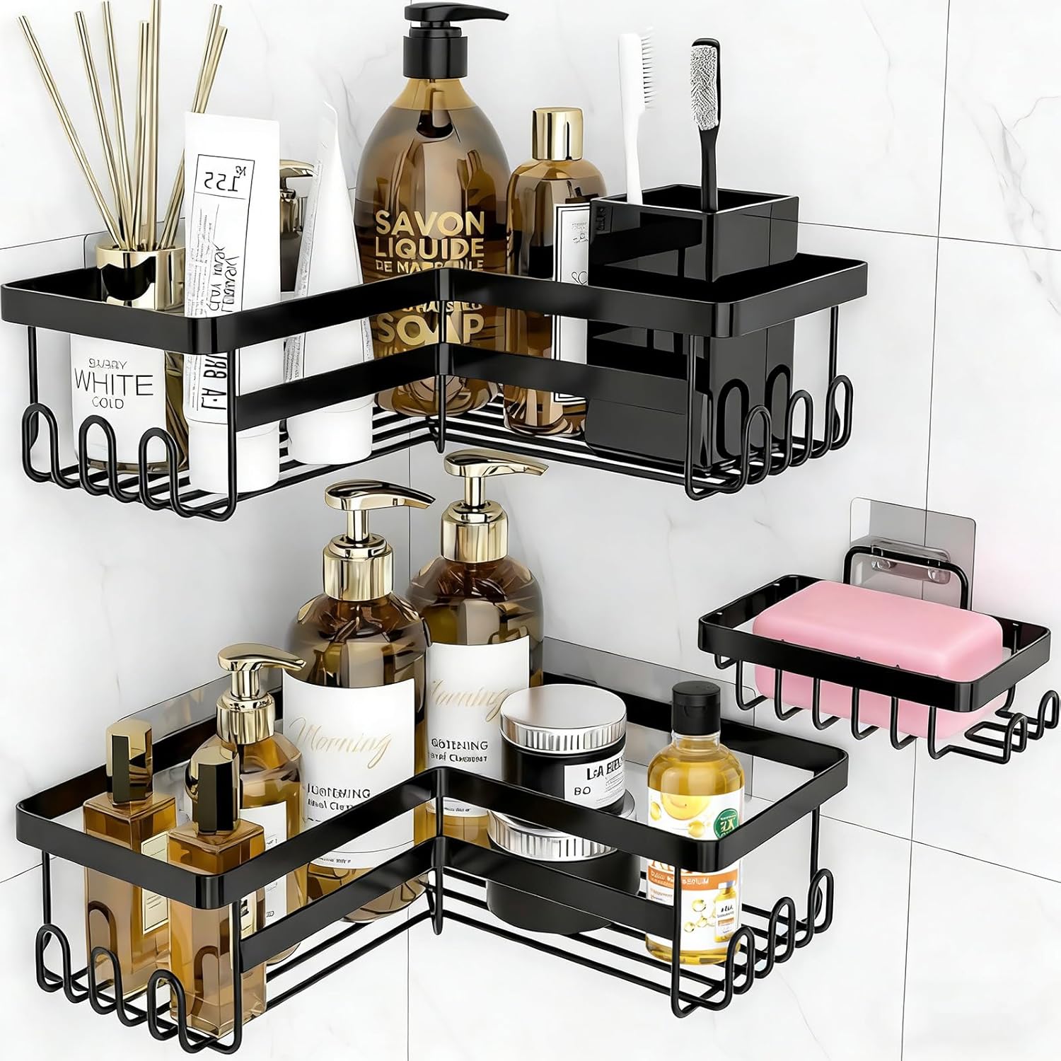 Skiennix Corner Shower Caddy - 3 Pack Rustproof Stainless Steel Organizers | No-Drill Bathroom Storage, Black