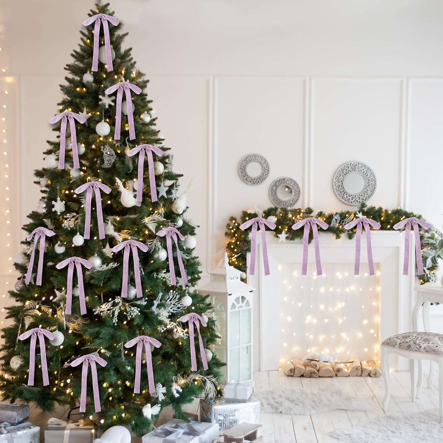 Skiennix 24 Pcs Velvet Bows - Vintage Ribbon Bows for Christmas Tree & Crafts | Light Purple, 5 x 7 Inch