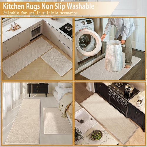 Kitchen Mats for Floor 2 Piece Washable Rugs Non Slip Kitchen Rug Sets, Absorbent Corner L Shaped Rug Runner Non Slip Kitchen Mat Set for Shower, Bathroom, Indoor Door (Beige Rug, 31“×20“+59“×20“)
