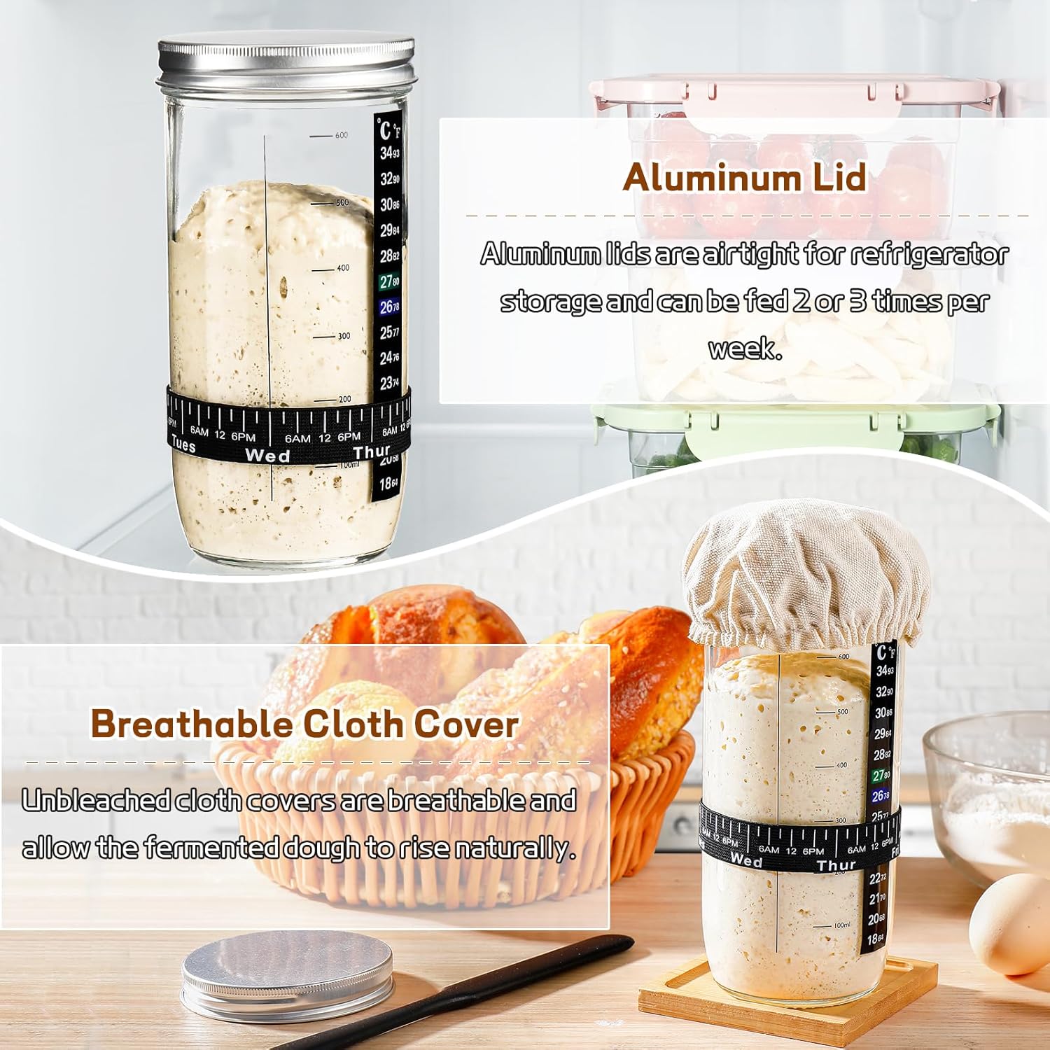 Skiennix Sourdough Starter Kit - 24 oz Glass Jar with Date Marked Feeding Band & Thermometer