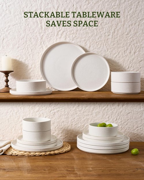 Famiware Nebula Plates and Bowls Sets, 12 Pieces Stoneware Dinnerware Sets, Reactive Glaze Dish Set, Dishes Set for 4, Matte Beige White