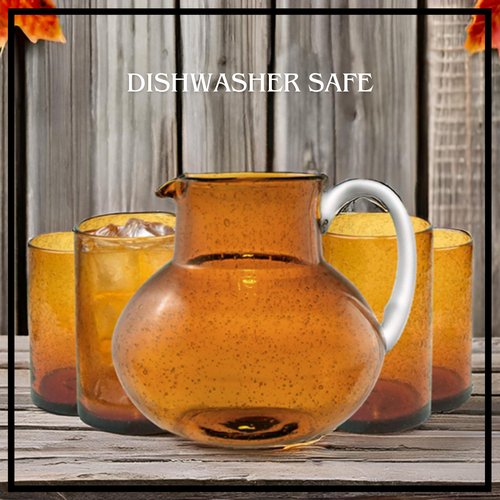 ARTLAND Iris 90oz Glass Pitcher & 17oz Highball Glasses (Set of 4) - Handcrafted Drinkware, Unique Bubble Design, Lead-Free Glass for Serving Beverages, Home Dining, Entertaining Essentials (Amber)