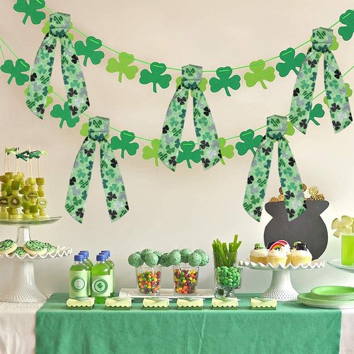 2Pcs St Patricks' Day Wreath Sash Green Shamrock Bow Front Door Spring Holiday Irish Clover Tree Sash for Wreath Front Saint Patrick's Day Decorations Supplies (55'' x 4.7'')