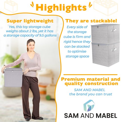 SAM AND MABEL Toy Storage Organizer with Play Mat – 13" x 13" x 13" Storage Box for Kids' Playroom, Stackable and Foldable Nursery Fabric Bin (Pebble Gray)