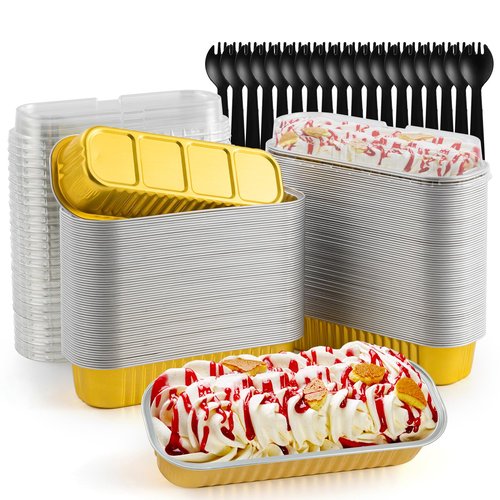 FFNIU 120Pcs Mini Loaf Pans with Lids and Spoons, Aluminum Foil Baking Pans, Rectangle Mini Cake Pan, Brownie Baking Cups for Picnics Party (Gold)